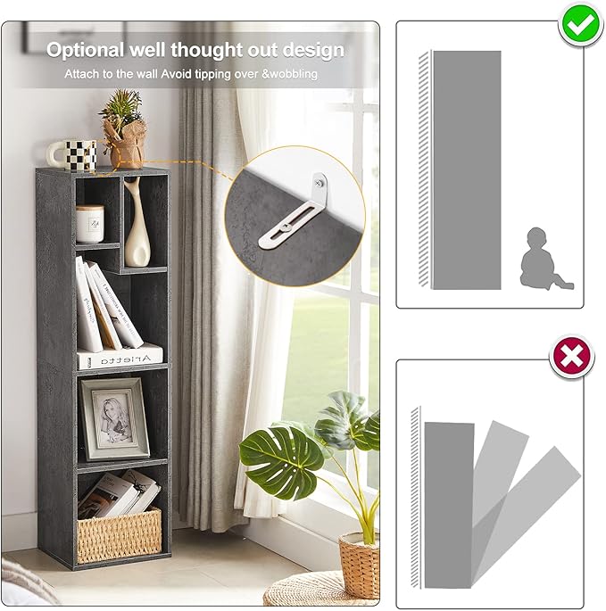 VECELO Small Bookshelf, 5 Cube Slim Bookcase, Fits Tallest Hardcovers, Horizontal Available, Modern Floor Standing Unit, Each Shelf Hold Up to 66 LBS,Modern Gray - LeafyLoom