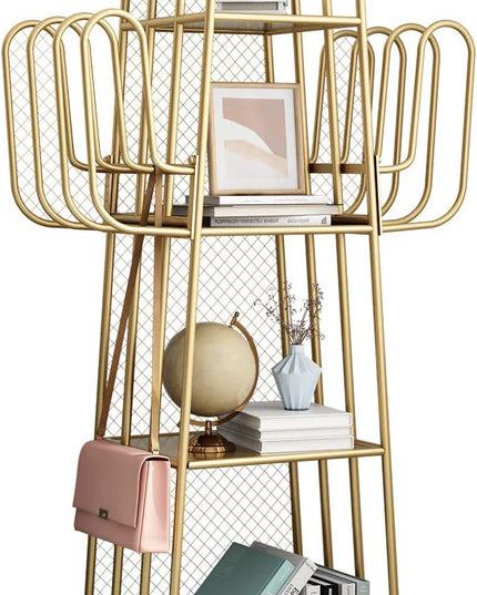 DOORXIF 4-Tier Gold Bookshelf Freestanding, Cactus Bookcase 4 Cube Storage Organizer Closet Corner Metal Display Cabinet, Corner Bookshelf for Small Spaces, Gold Bookcase for Bedroom Office - LeafyLoom