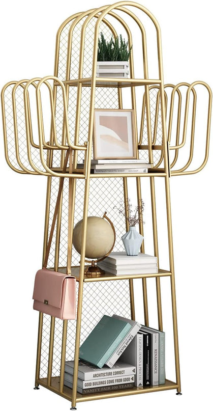 DOORXIF 4-Tier Gold Bookshelf Freestanding, Cactus Bookcase 4 Cube Storage Organizer Closet Corner Metal Display Cabinet, Corner Bookshelf for Small Spaces, Gold Bookcase for Bedroom Office - LeafyLoom