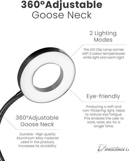 Bi-Colour Light Mode 360 ° Flexible Gooseneck, LED Lighting, Desk Lamp with USB Charging Port, Study Lamp, Clamp Lamp, Office Desk Accessories, Bed Lamp, Clip on Lamp (Silver) - LeafyLoom