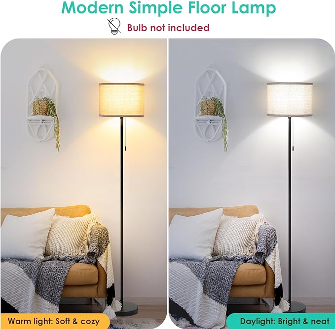 FOLKSMATE Floor Lamp for Living Room, LED Modern Simple Standing Lamps, Tall Lamp for Bedroom, Kid, Office, Reading Room Black Pole Light without Bulb - LeafyLoom