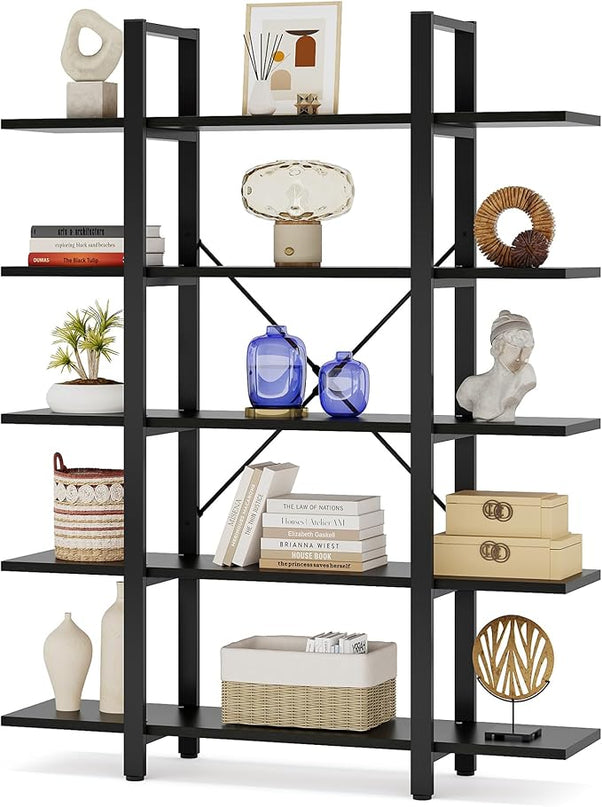 Tribesigns 5-Tier Bookshelf, Vintage Industrial Style Bookcase 72 H x 12 W x 47L Inches, Black - LeafyLoom