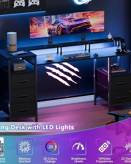 Computer Desk with Power Outlets & LED Lights, Gaming Desk with 5 Fabric Drawers for Bedroom, 55 Inch Home Office Desk with Monitor Stand & Storage Shelves for Working, Black - LeafyLoom