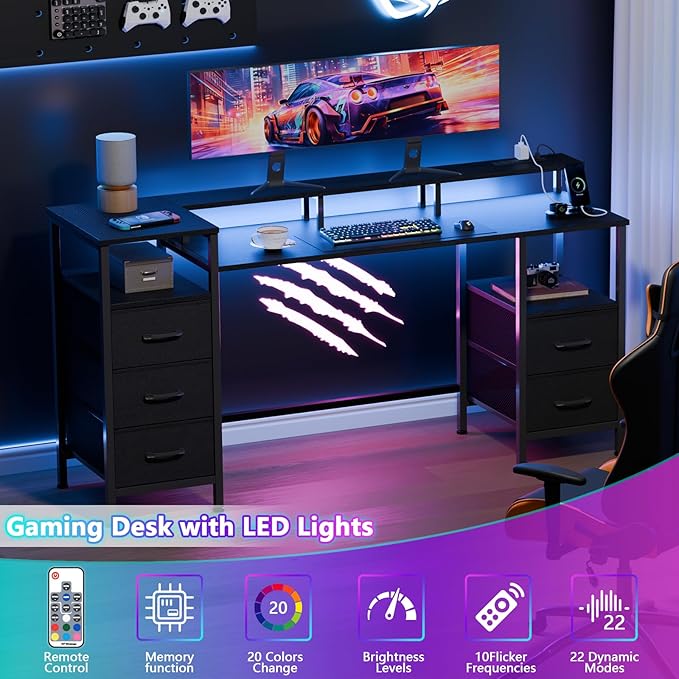 Computer Desk with Power Outlets & LED Lights, Gaming Desk with 5 Fabric Drawers for Bedroom, 55 Inch Home Office Desk with Monitor Stand & Storage Shelves for Working, Black - LeafyLoom