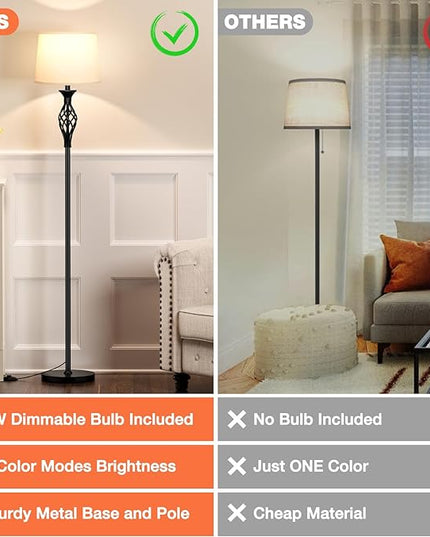 Ambimall Floor Lamps for Living Room - 3 Color Temperature Standing Lamp, Farmhouse Black Floor Lamp with White Shade, Vintage Modern Tall Light for Bedroom Office Corner(9W Bulb Included) - LeafyLoom
