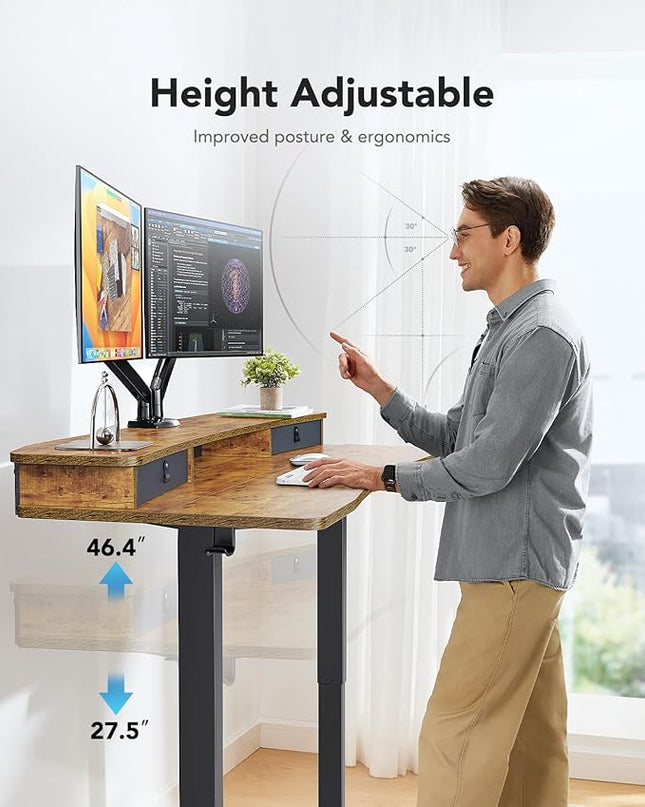 HUANUO 48″ x 24″ Electric Standing Desk with 2 Drawers, C-Clamp Mount Compatible, Height Adjustable Computer Desk, Home Office Stand Up Desk with 4 Preset Heights & 2 Hooks, Vintage Brown - LeafyLoom