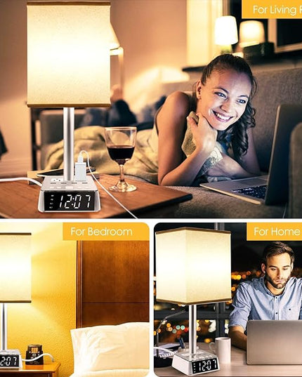 Table Lamp Bedside Lamp with 4 USB Ports and AC Power Outlets, Alarm Clock Base w/ 5Ft Extension Cord, Square Oatmeal Fabric Lampshade Modern Accent Nightstand Lamps for Bedrooms Living Room - LeafyLoom