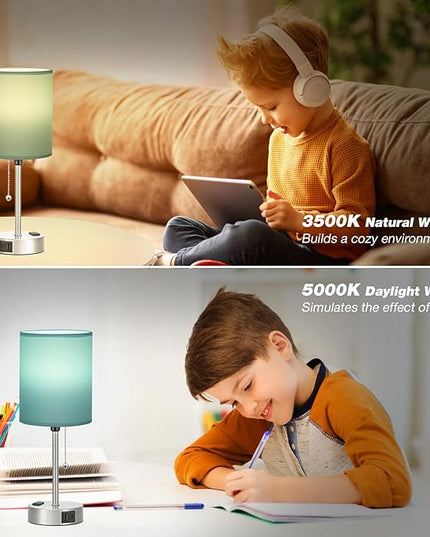 Dicoool Teal Bedside Lamp for Nightstand - 3 Color Temperature Table Lamp with USB C and A Ports, Pull Chain Lamp for Bedroom with AC Outlet, Desk Lamp with Silver Metal Base for Kids Girls - LeafyLoom