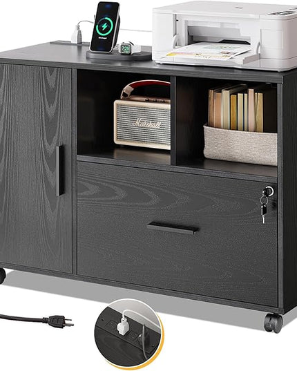 DEVAISE File Cabinet with Charging Station, 1-Drawer Lateral File Cabinets with lock for home office, Wooden Rolling Printer Stand with Shelves, Black - LeafyLoom