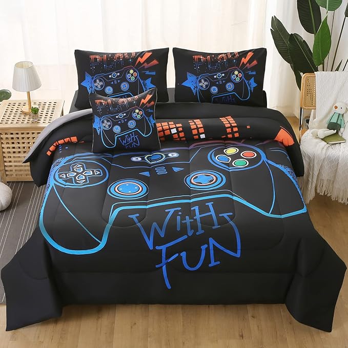 JQinHome Full Gaming Comforter Sets for Boys,6 Piece Bed in A Bag 3D Video Game Bedding -All Season Soft Microfiber Gamer Bedding Sets for Kids,Pillowcase, Flat Sheet, Fitted Sheet,Cushion Cover - LeafyLoom