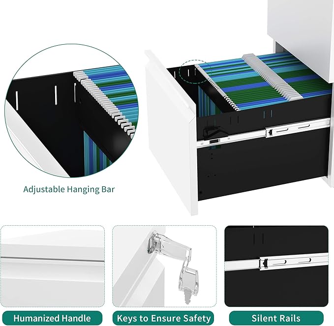YITAHOME 2-Drawer Vertical File Cabinet with Lock, 20” Deep Mobile Metal Filing Cabinet for Legal/Letter Size, 20” Height Pre-Built Office Storage File Cabinet Except Wheels Under Desk - White - LeafyLoom
