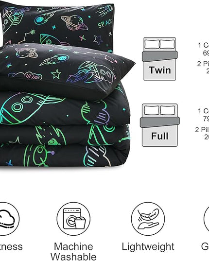 Aimuan Space Rocket Bedding Set Kid Comforter Set Full Size Super Soft & Cute Aliens UFO Printed Quilt Set for Teen Boys Girls (Black, Full) - LeafyLoom