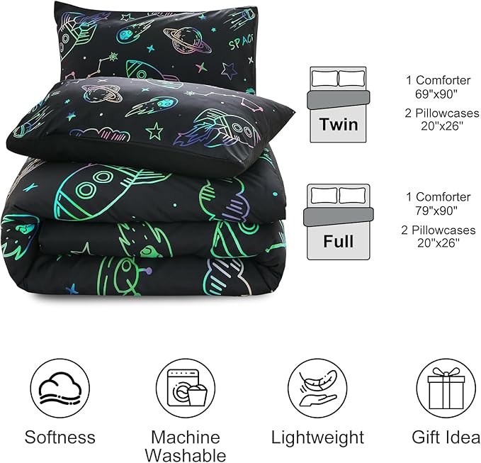 Aimuan Space Bedding Twin Bed Comforter Kids Rocket Bedding Set Super Soft & Cute Aliens UFO Printed for Boys Girls Teen (Black, Twin) - LeafyLoom