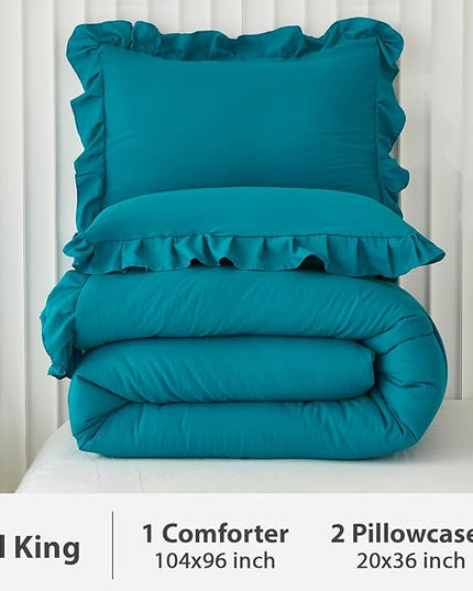 Andency California King Comforter Set Turquoise (104x96Inch), 3 Pieces Cal King Ruffle Comforter, Oversized Farmhouse Shabby Chic Bed Comforter, Lightweight and Soft Microfiber Bedding Set - LeafyLoom