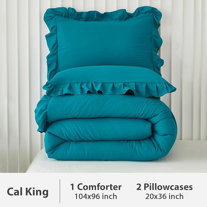 Andency California King Comforter Set Turquoise (104x96Inch), 3 Pieces Cal King Ruffle Comforter, Oversized Farmhouse Shabby Chic Bed Comforter, Lightweight and Soft Microfiber Bedding Set - LeafyLoom