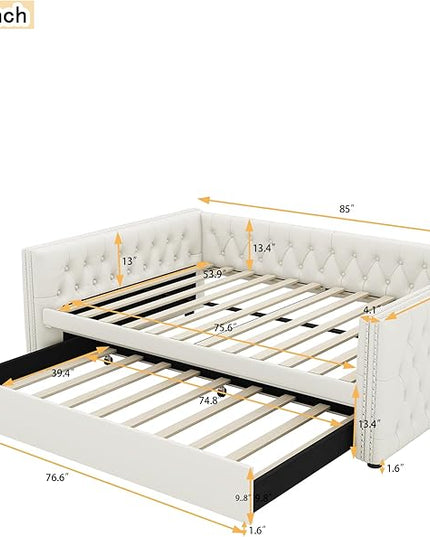 Full Size Daybed, Upholstered Tufted Sofa Bed with Trundle, Daybed with Button & Copper Nail on Square Arms, Full Daybed with Twin Trundle, White - LeafyLoom