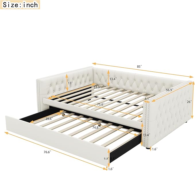 Full Size Daybed, Upholstered Tufted Sofa Bed with Trundle, Daybed with Button & Copper Nail on Square Arms, Full Daybed with Twin Trundle, White - LeafyLoom