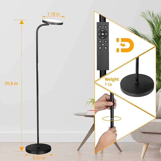 LED Floor Lamp, Upgraded Super Bright Standing Lamp with Remote Touch Control,Stepless Adjust Color Temperatures & Brightness Torchiere Tall Lamp,Rotatable Reading Floor Lamps for Living Room, Bedroom - LeafyLoom