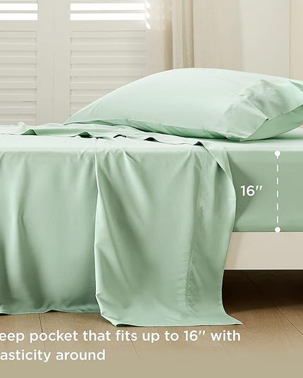 Bedsure Twin XL Sheet Set Dorm Bedding, Cooling Sheets Twin Extra Long Sheets, Rayon Derived from Bamboo, Deep Pocket Up to 16", Hotel Luxury Silky Bedding Sheets & Pillowcases, Sage Green - LeafyLoom