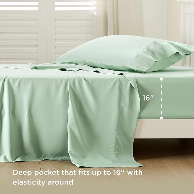 Bedsure Twin XL Sheet Set Dorm Bedding, Cooling Sheets Twin Extra Long Sheets, Rayon Derived from Bamboo, Deep Pocket Up to 16", Hotel Luxury Silky Bedding Sheets & Pillowcases, Sage Green - LeafyLoom