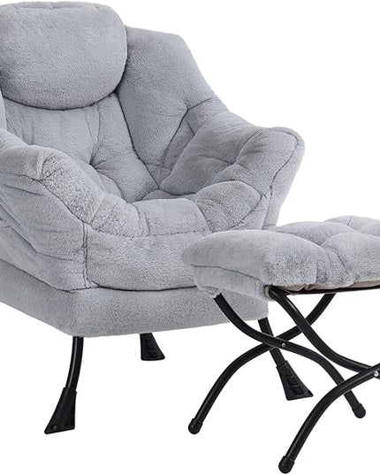 Plush Lazy Chair and Ottoman, Large Contemporary Accent Lounge Chair with Armrests and a Side Pocket, Modern Leisure Upholstered Sofa Reading Armchair with Footrest for Bedroom, Living Room - LeafyLoom