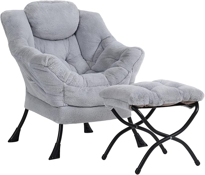 Plush Lazy Chair and Ottoman, Large Contemporary Accent Lounge Chair with Armrests and a Side Pocket, Modern Leisure Upholstered Sofa Reading Armchair with Footrest for Bedroom, Living Room - LeafyLoom