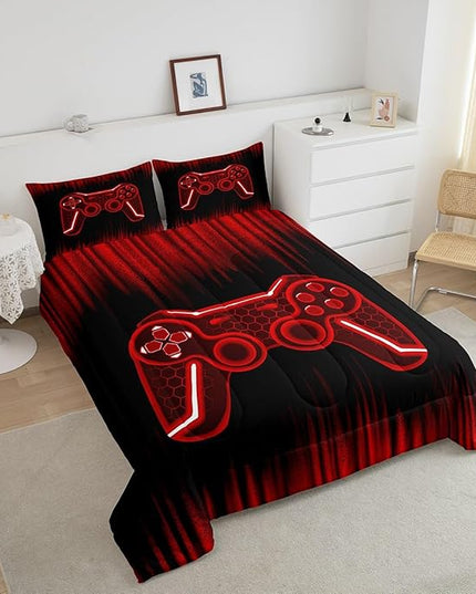 Feelyou Gamer Comforter Set King Size Kids Game Controller Comforter for Boys Teens Red Black Bedding Set Gaming Duvet Set Room Decor Quilt Set - LeafyLoom