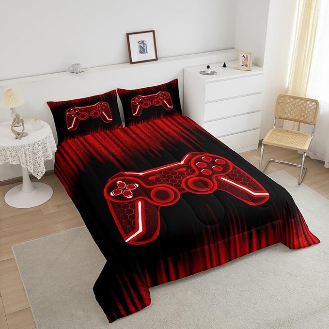 Feelyou Gamer Comforter Set King Size Kids Game Controller Comforter for Boys Teens Red Black Bedding Set Gaming Duvet Set Room Decor Quilt Set - LeafyLoom