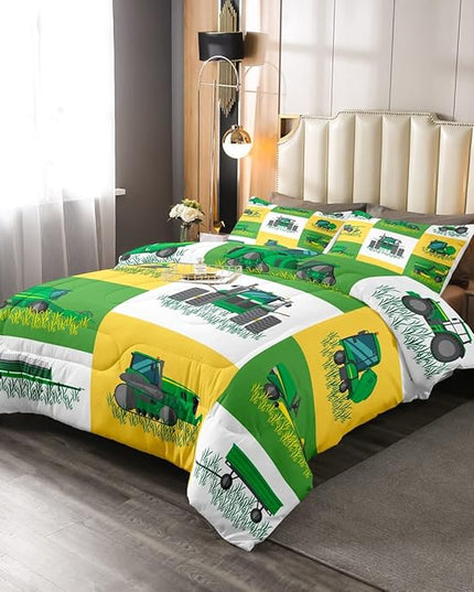 Boys Cartoon Truck Car Down Comforter Twin Size Kids Construction Vehicles Tractor Comforter Set for Kids Children Farm Excavator Bedding Set Construction Site Cars Duvet Set, Green Yellow - LeafyLoom