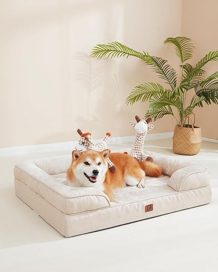 EHEYCIGA Orthopedic Dog Beds for Large Dogs, Waterproof Memory Foam Large Dog Bed with Sides, Non-Slip Bottom and Egg-Crate Foam Large Dog Couch Bed with Washable Removable Cover, Beige EHEYCIGA