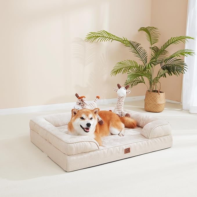 EHEYCIGA Orthopedic Dog Beds for Large Dogs, Waterproof Memory Foam Large Dog Bed with Sides, Non-Slip Bottom and Egg-Crate Foam Large Dog Couch Bed with Washable Removable Cover, Beige EHEYCIGA