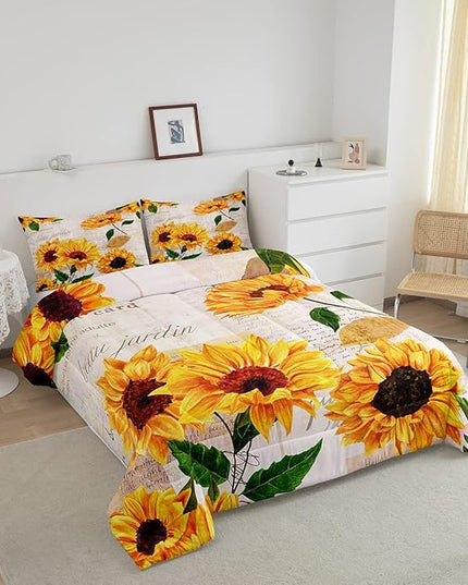 Girls Sunflowers Comforter Set Twin Size Retro Yellow Sunflower Bedding Set for Kids Teens Women Botanical Flowers Duvet Insert Vintage Floral Letters Down Comforter Kids Bedding Set, 2 Pieces - LeafyLoom