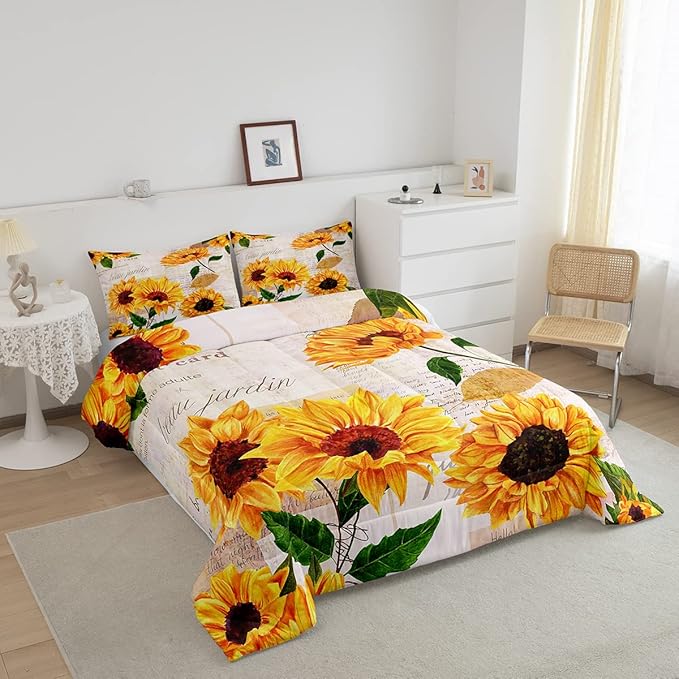 Erosebridal Women Retro Floral Bedding King Size Yellow Sunflowers Comforter Set for Girls Female Rustic 3D Flowers Duvet Insert Ultra Soft Lightweight Quilted Comforter with 2 Pillowcases - LeafyLoom