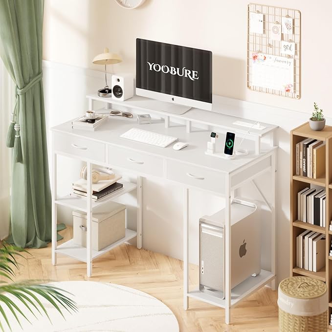 Yoobure Computer Desk with Drawers, Office Desk with LED Lights & Outlets Small Desk with Storage Shelves, Gaming Desk with Monitor Stand, 48" White Desk for Bedroom Home Office Desks for Small Space - LeafyLoom