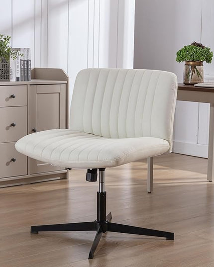 FELICE Cross Legged Armless Wide Seat Chair Fabri Padded Height Adjustable for Home Office Desk Makeup, Beige - LeafyLoom
