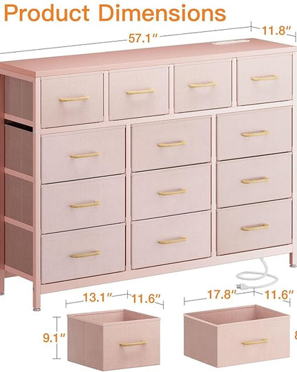 ODK Dresser with Charging Station, 57-Inch Long Dresser TV Stand for Bedroom, Large Dresser with 13 Storage Drawers, Chest of Drawers Easy-Pull Fabric Dressers for Living Room, Pink - LeafyLoom