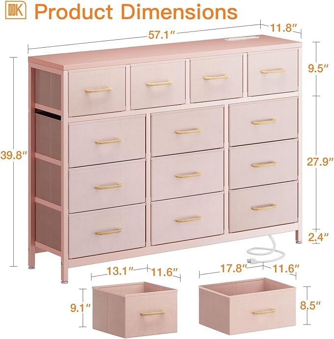 ODK Dresser with Charging Station, 57-Inch Long Dresser TV Stand for Bedroom, Large Dresser with 13 Storage Drawers, Chest of Drawers Easy-Pull Fabric Dressers for Living Room, Pink - LeafyLoom