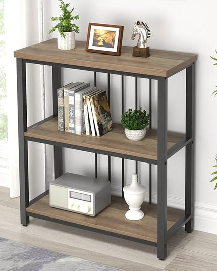 FOLUBAN Small Bookshelf and Bookcase, 3 Tier Open Book Shelf, Modern Metal and Wood Shelving Unit for Living Room Bedroom, Oak - LeafyLoom