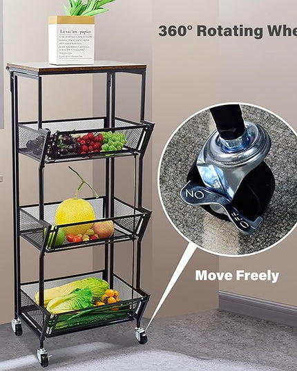 Slim Rolling Storage Cart,4 Tier Kitchen Storage Cart on Wheels,Small Metal Rolling Cart with Wooden Tabletop for Narrow Space in Kitchen,Bathroom,Laundry/Dining/Living Room,Office - LeafyLoom