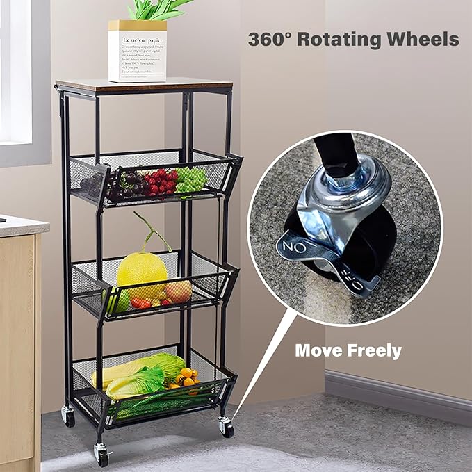 Slim Rolling Storage Cart,4 Tier Kitchen Storage Cart on Wheels,Small Metal Rolling Cart with Wooden Tabletop for Narrow Space in Kitchen,Bathroom,Laundry/Dining/Living Room,Office - LeafyLoom