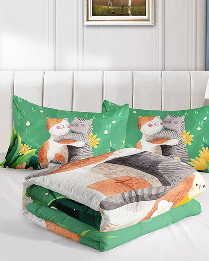 Datura home Cute Cat Kids Comforter Bedding Set for Boys Girls, Watercolor Cat Forest Rabbit and Flower Print Comforter with 2 Pillowcases(Cute Cat Queen) - LeafyLoom