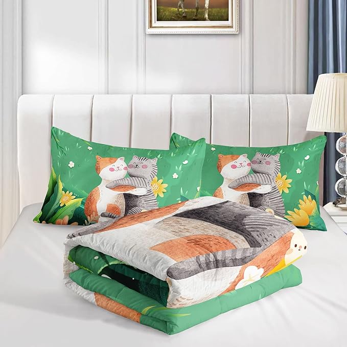 Datura home Cute Cat Kids Comforter Bedding Set for Boys Girls, Watercolor Cat Forest Rabbit and Flower Print Comforter with 2 Pillowcases(Cute Cat Queen) - LeafyLoom
