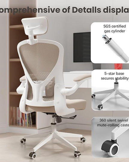 Ergonomic Office Chair - Comfy Desk Chairs with Wheels and Arms, 500LB Heavy Duty Mesh Computer Chairs with Comfortable Head Lumbar Back Support for Office, Bedroom, College Dorm and Study - LeafyLoom