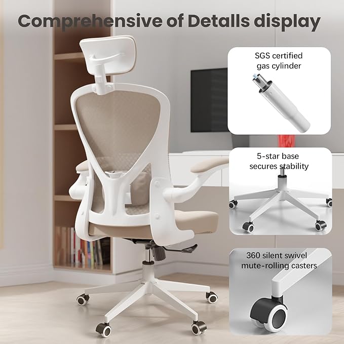 Ergonomic Office Chair - Comfy Desk Chairs with Wheels and Arms, 500LB Heavy Duty Mesh Computer Chairs with Comfortable Head Lumbar Back Support for Office, Bedroom, College Dorm and Study - LeafyLoom