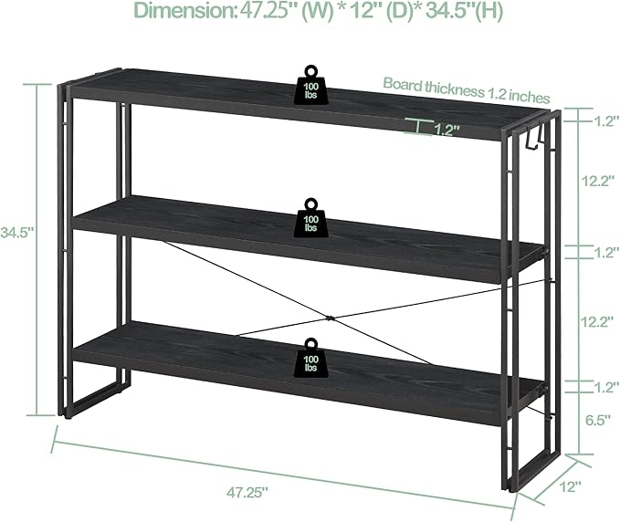 HCHQHS Bookshelf, 3-Tier Industrial Bookcase, Black Open Book Shelf, Freestanding Horizontal Bookshelves with Metal Frame - LeafyLoom