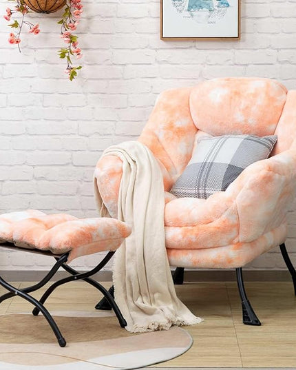 HollyHOME Faux-Fur Lazy Chair with Foldable Ottoman, Accent Comfy Lounge Arm Chair and Folding Footrest Stool Set, Leisure Sofa Reading Chair and Footstool for Living Room, Bedroom, Orange&White - LeafyLoom