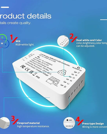 ZigBee 3.0 LED Strip Controller RGB+CCT Mix Dimmable Compatible with SmartThings Amazon Echo Plus App/Voice Control for RGB Warm White Cold White LED Strip Light (Require ZigBee Hub) GLEDOPTO