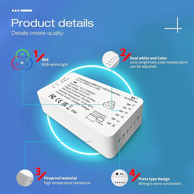 ZigBee 3.0 LED Strip Controller RGB+CCT Mix Dimmable Compatible with SmartThings Amazon Echo Plus App/Voice Control for RGB Warm White Cold White LED Strip Light (Require ZigBee Hub) GLEDOPTO