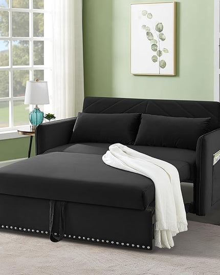 New Model 3-in-1 Sleeper USB Port Adjustable Velvet Convertible Sofa with Pull Out Bed, 2 Pillows & Side Pocket – Ideal for Living Room and Bedroom, Black - LeafyLoom