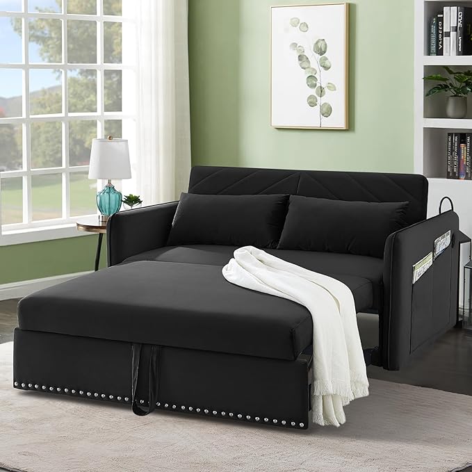 New Model 3-in-1 Sleeper USB Port Adjustable Velvet Convertible Sofa with Pull Out Bed, 2 Pillows & Side Pocket – Ideal for Living Room and Bedroom, Black - LeafyLoom